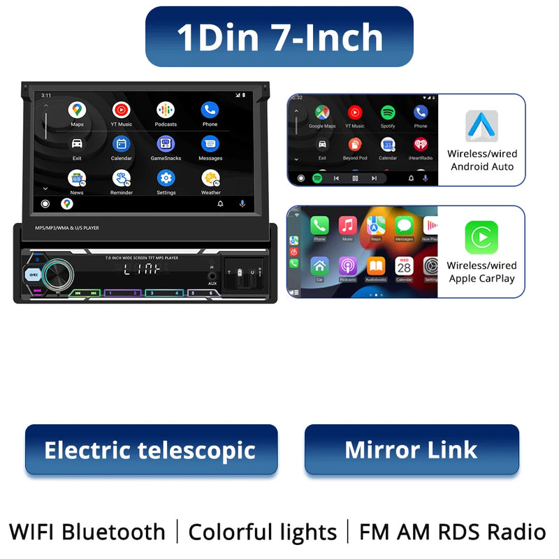 7-Inch Retractable Wireless CarPlay & Android Auto Head Unit