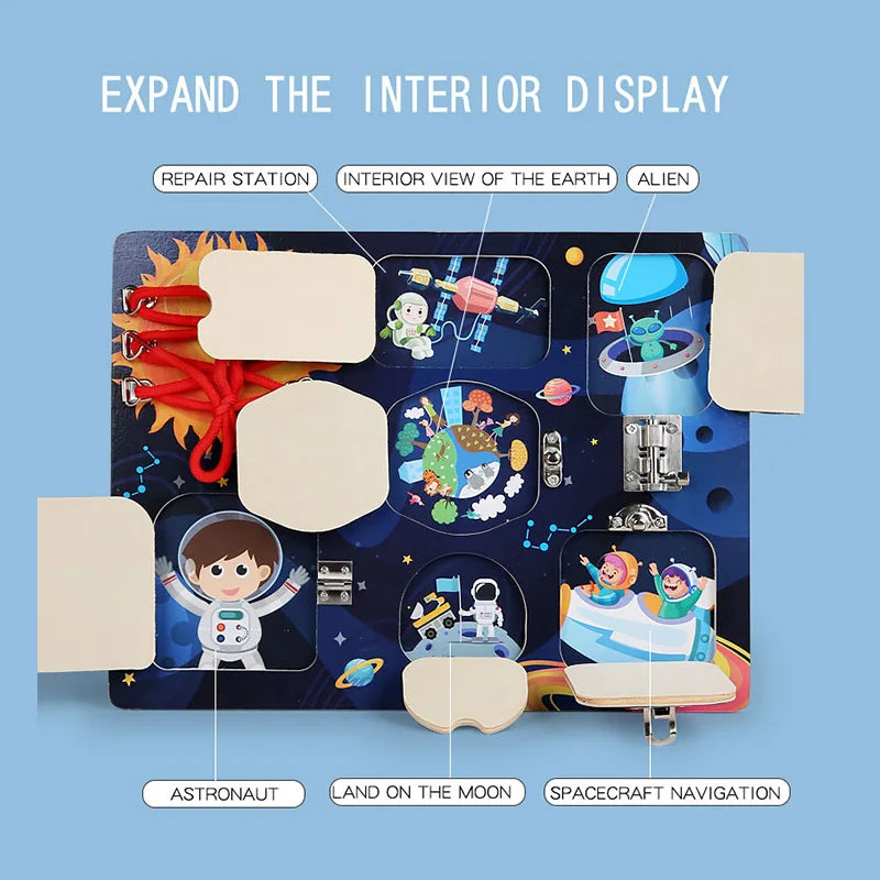 A wooden solar system puzzle display showing various space concepts like astronauts, aliens, and spacecraft navigation.