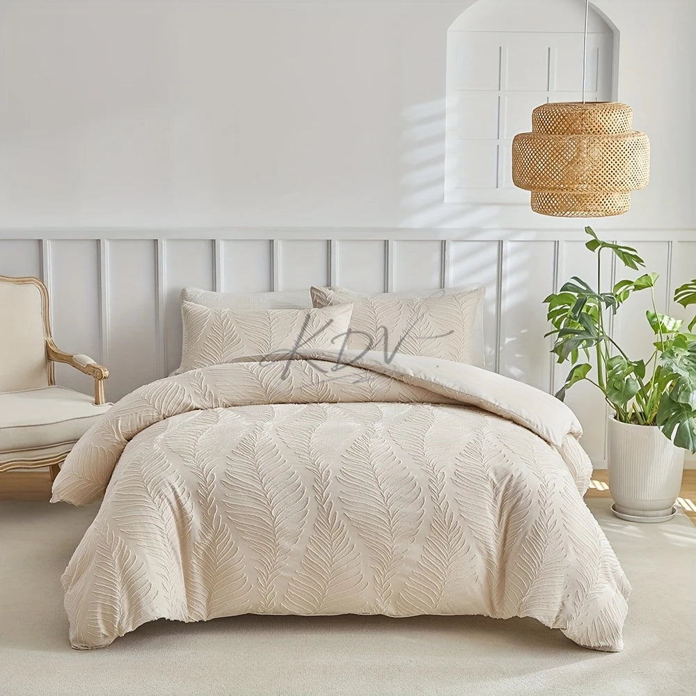 A beige embossed leaf pattern microfiber duvet cover set displayed on a bed with a light wood headboard and natural light.
