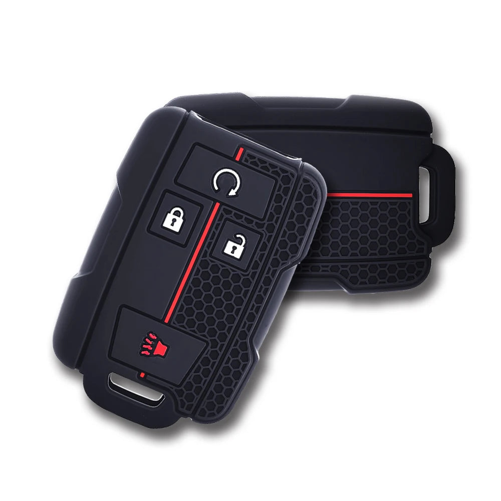 Black silicone key fob cover for a 4-button remote, featuring icons for lock and unlock functions.