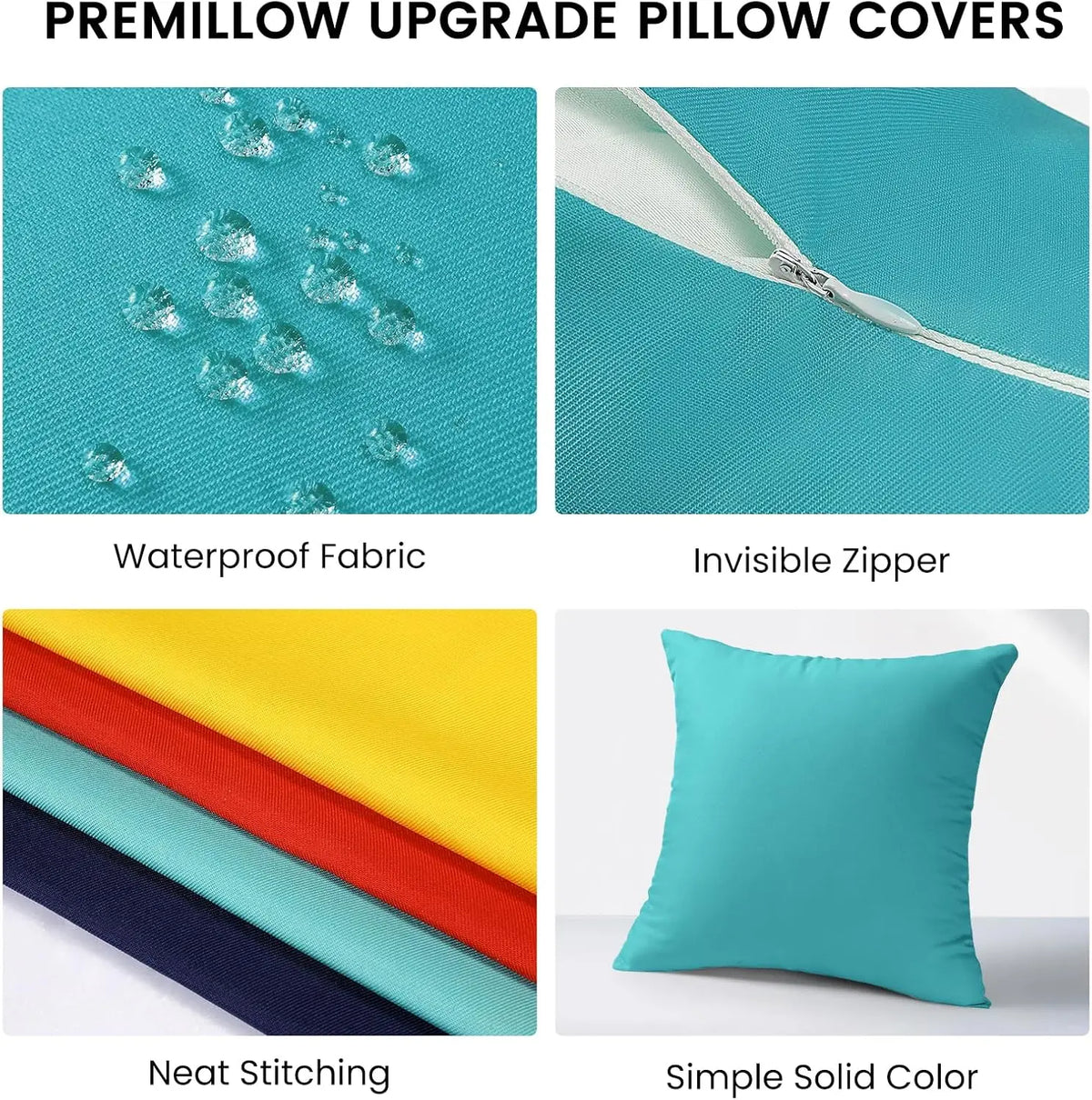 Pillow covers featuring waterproof fabric, invisible zipper, neat stitching, and a simple solid color.