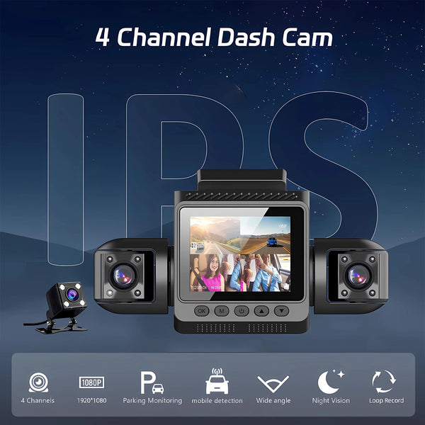 A black 4 channel dash cam device with multiple camera lenses and various features displayed below.