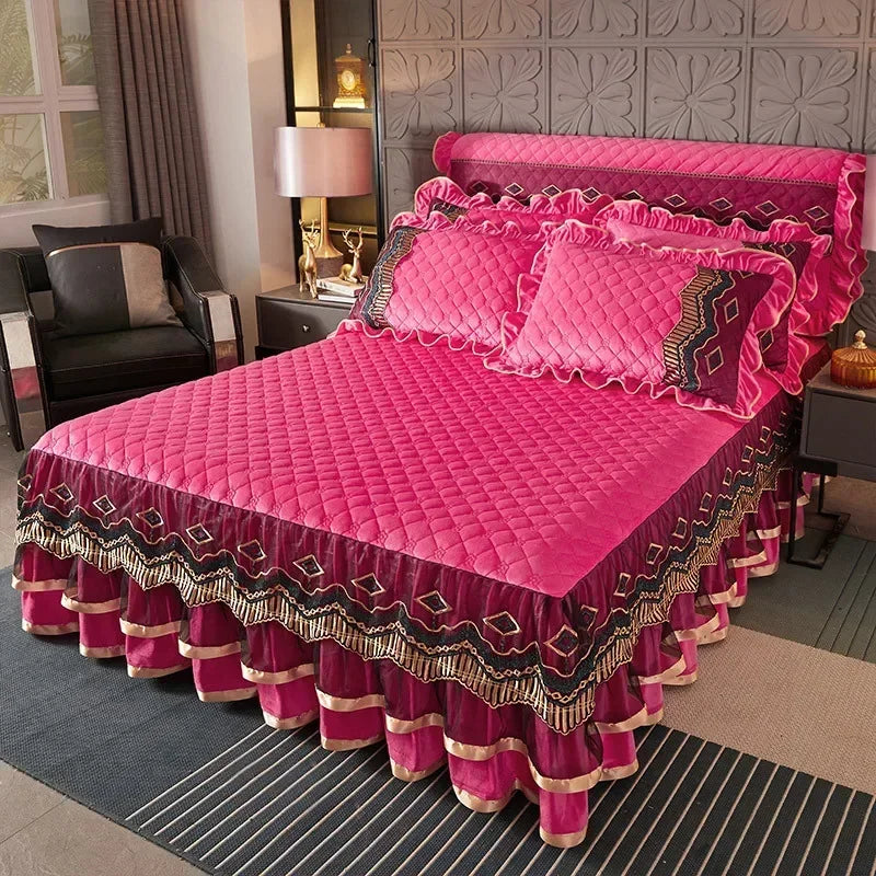 Crystal Velvet Gold Lace Bed Skirt with Anti-Slip Base