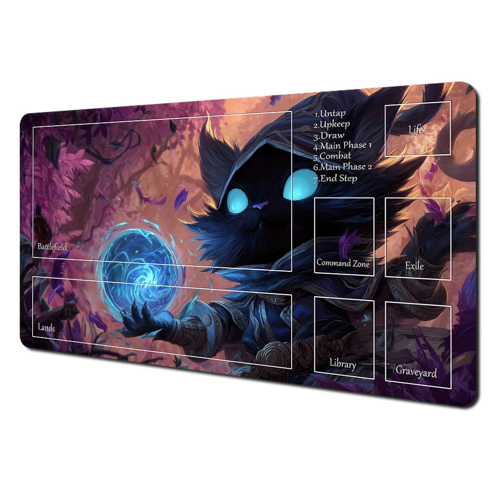 Fantasy card playmat featuring a dark creature design with various labeled zones and steps.