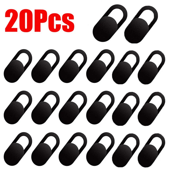 A set of 20 black privacy webcam covers or sliders for laptops and mobile devices.