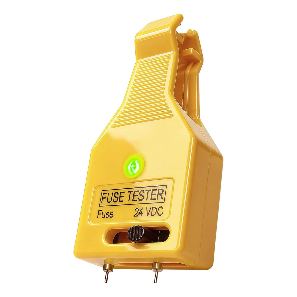 A yellow automotive fuse tester tool with a puller and green LED indicator.