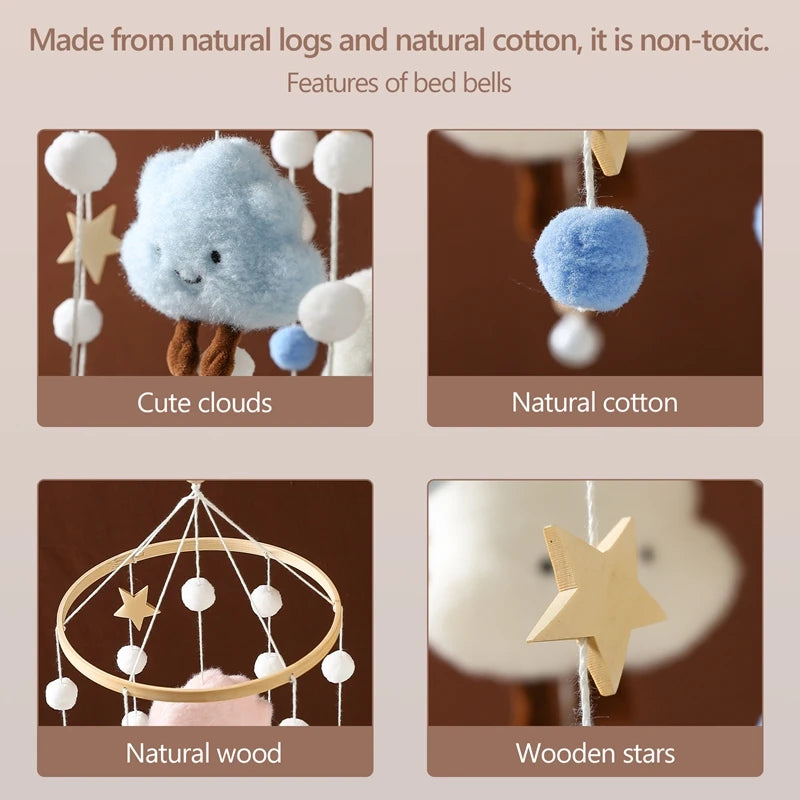 Wooden and Felt Crib Mobile with Cloud and Star Rattles