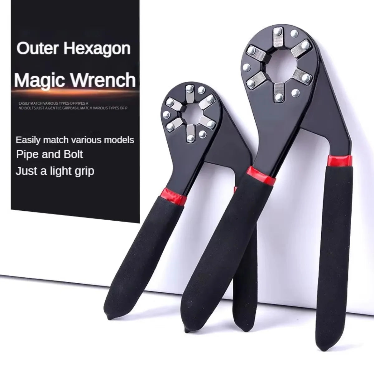 A pair of black and silver Outer Hexagon Magic Wrench tools shown against a white background.