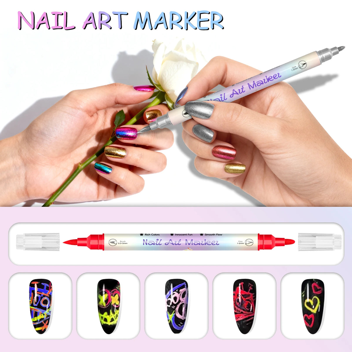 Des mains tiennent un marqueur à ongles à double embout avec diverses décorations et couleurs colorées.