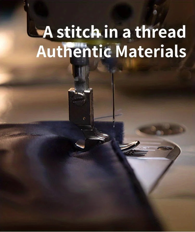 Close-up of a sewing machine stitching a thread in authentic materials.