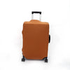 A brown elastic travel luggage cover for a suitcase is shown standing upright.