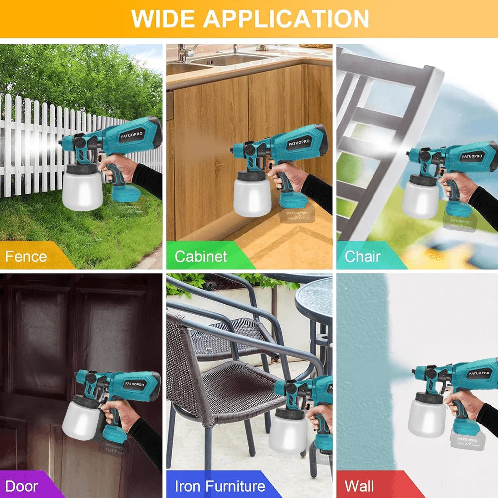 Cordless HVLP paint sprayer used on various surfaces including a fence, cabinet, chair, door, iron furniture, and wall.