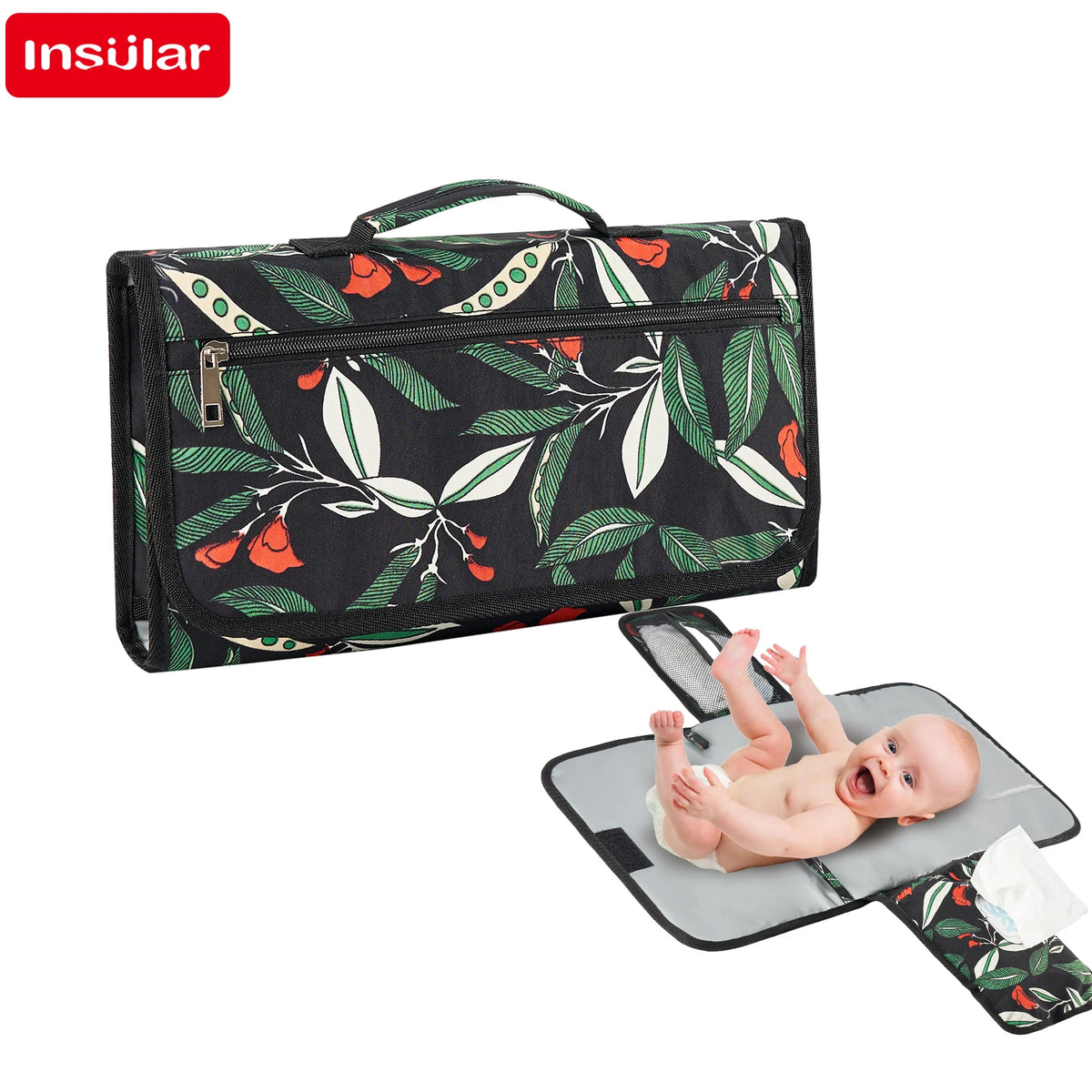 A black patterned fabric baby changing pad with a zippered cover shown next to a baby.