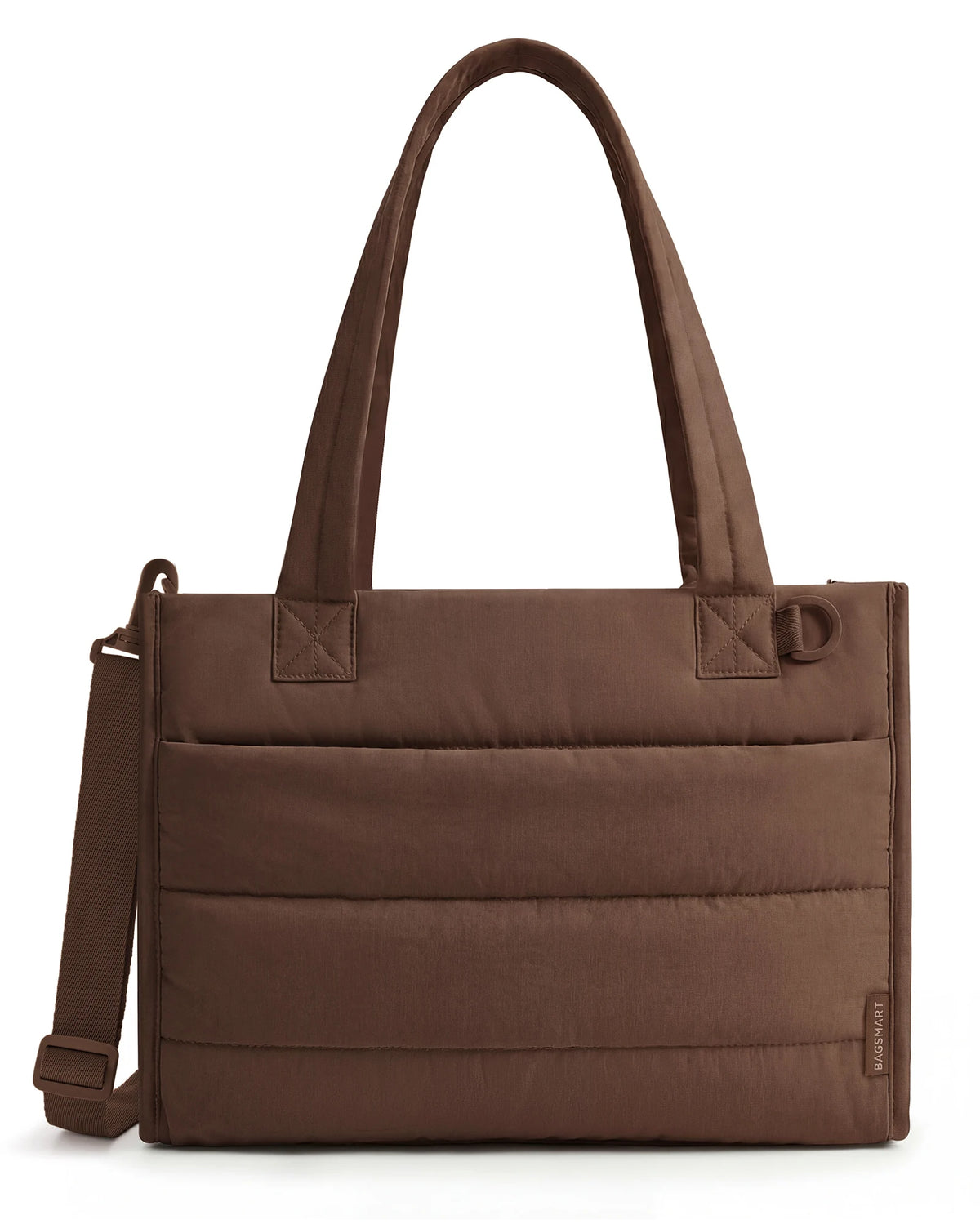 A brown quilted boxy tote bag with a long handle is shown against a white background.