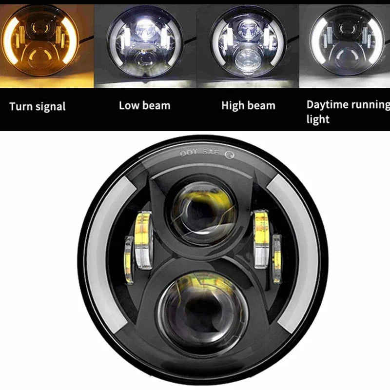 A close-up view of a 7-inch LED headlight assembly showing turn signal, low beam, high beam, and daytime running light modes.