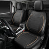 A full set of black leather car seat covers installed in a vehicle interior.