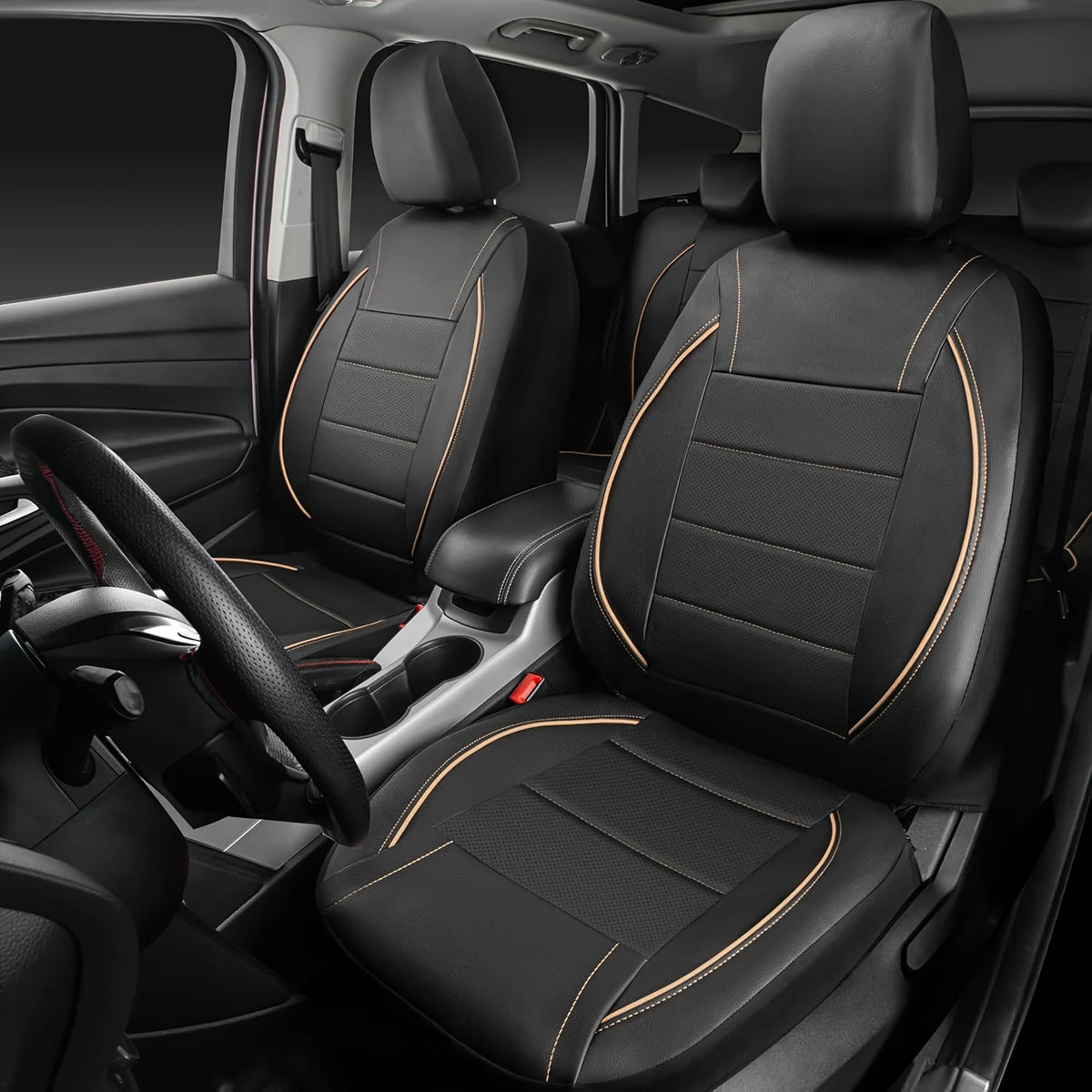 A full set of black leather car seat covers installed in a vehicle interior.