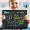 A smiling young boy holds a 16 inch LCD writing tablet showing a happy doodle of two hugging characters.