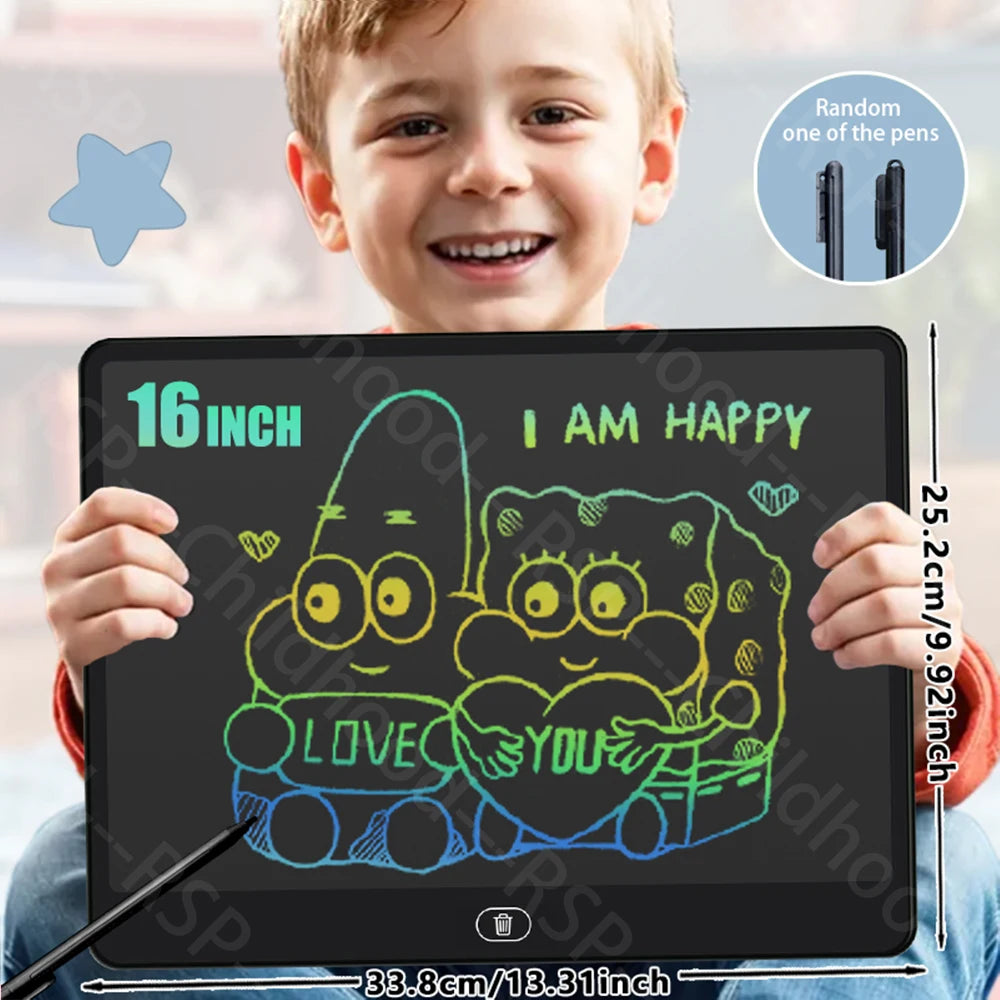 A smiling young boy holds a 16 inch LCD writing tablet showing a happy doodle of two hugging characters.