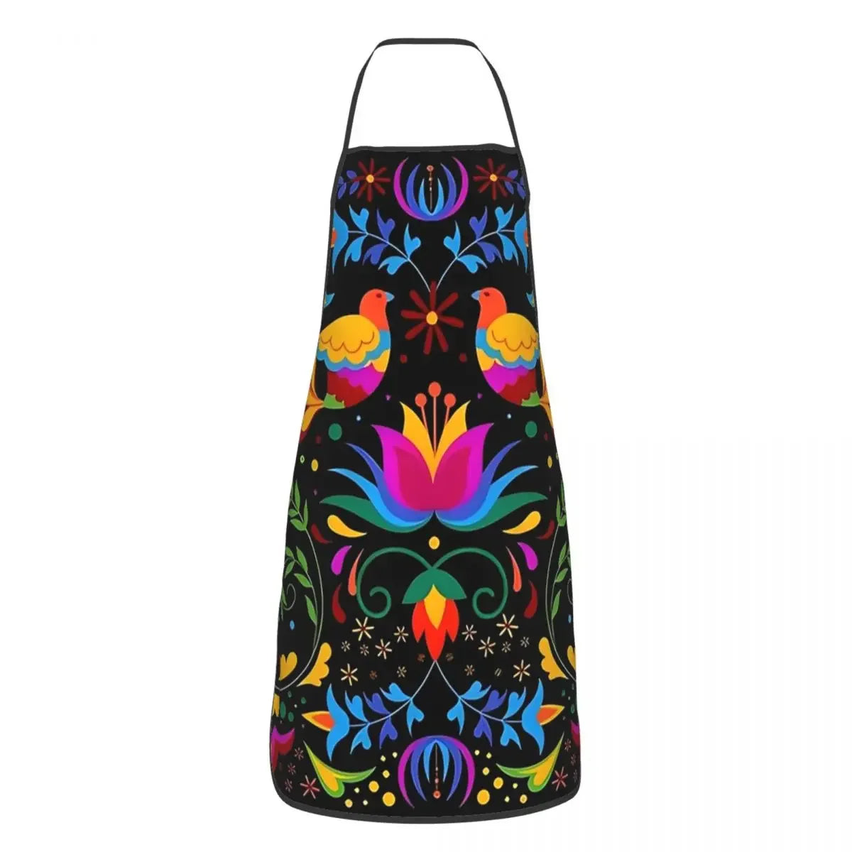 A black apron decorated with colorful Mexican floral art patterns and bird motifs.