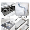 Four images showing scenarios for an aluminum foil peel-and-stick kitchen backsplash wall sticker on a stove, cupboard, sink,