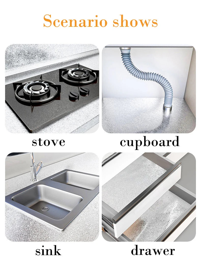 Four images showing scenarios for an aluminum foil peel-and-stick kitchen backsplash wall sticker on a stove, cupboard, sink,