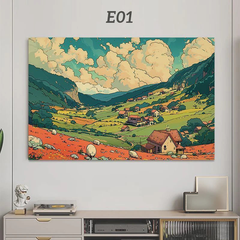 A painting depicting a rolling green landscape under a cloudy sky with distant mountains and scattered houses.