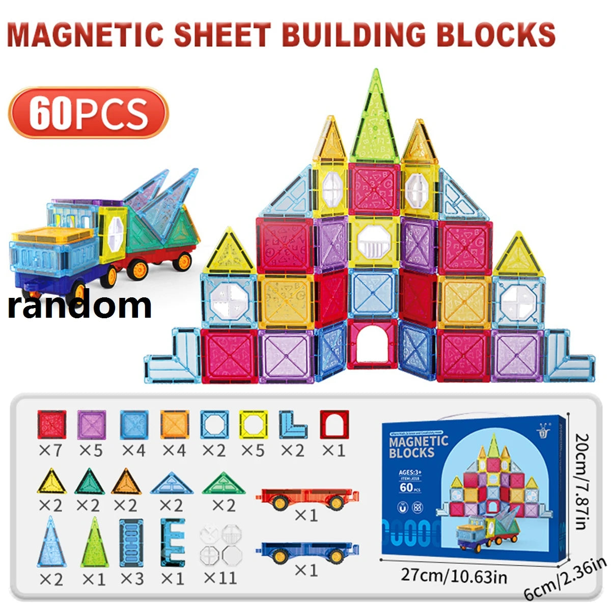A set of magnetic sheet building blocks in various colors and shapes, including vehicles and structures.