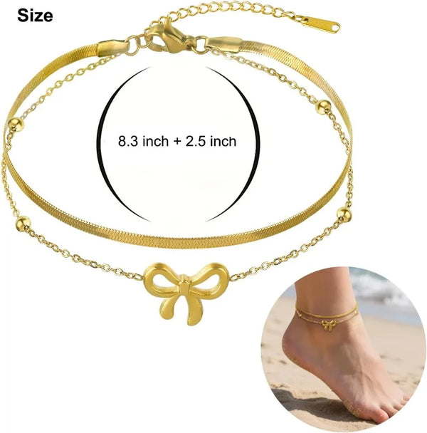 14K Gold Plated Stainless Steel Layered Anklet Set