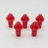 A set of five red replacement drivers for a battling top, featuring a dome-shaped knob and a cylindrical base.