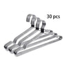 A set of ten heavy-duty stainless steel wire clothes hangers displayed on a white background.