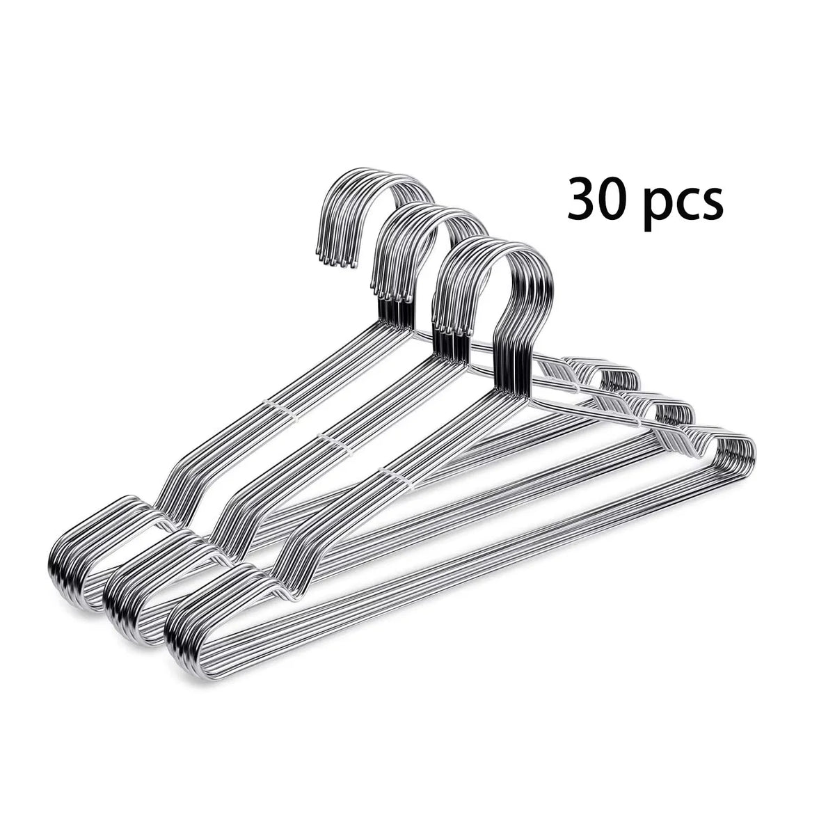 A set of ten heavy-duty stainless steel wire clothes hangers displayed on a white background.