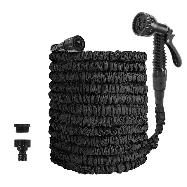 Black expandable garden hose with a nozzle and coiled hose visible.