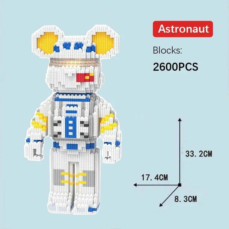 Astronaut building block set featuring a bear figure with yellow accents and white body parts.