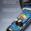Close-up view of a Bluetooth 5.3 FM transmitter with fast charging features and internal power management chip.