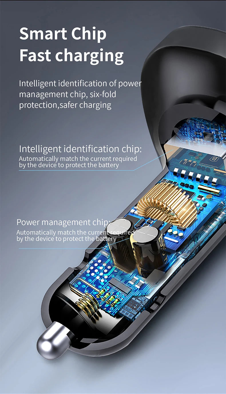 Close-up view of a Bluetooth 5.3 FM transmitter with fast charging features and internal power management chip.