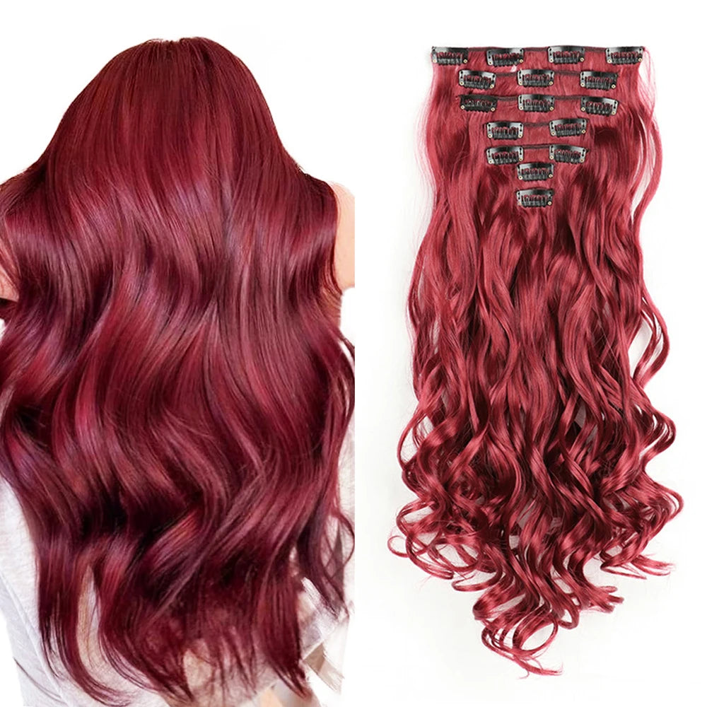 A set of seven 22-inch curly wavy clip-in hair extensions in a deep burgundy color.