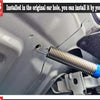 A close-up view of an adjustable car trunk lift spring being installed into the original ear hole of a car body panel.
