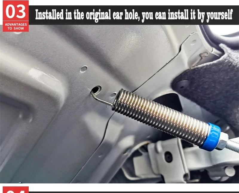 A close-up view of an adjustable car trunk lift spring being installed into the original ear hole of a car body panel.