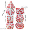 A set of polyhedral dice in red and white, including a tetrahedron, octahedron, cube, and dodecahedron.