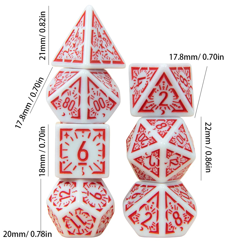 A set of polyhedral dice in red and white, including a tetrahedron, octahedron, cube, and dodecahedron.