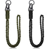 A pair of heavy-duty 550 paracord neck lanyards with metal clips and key rings in olive green and black.