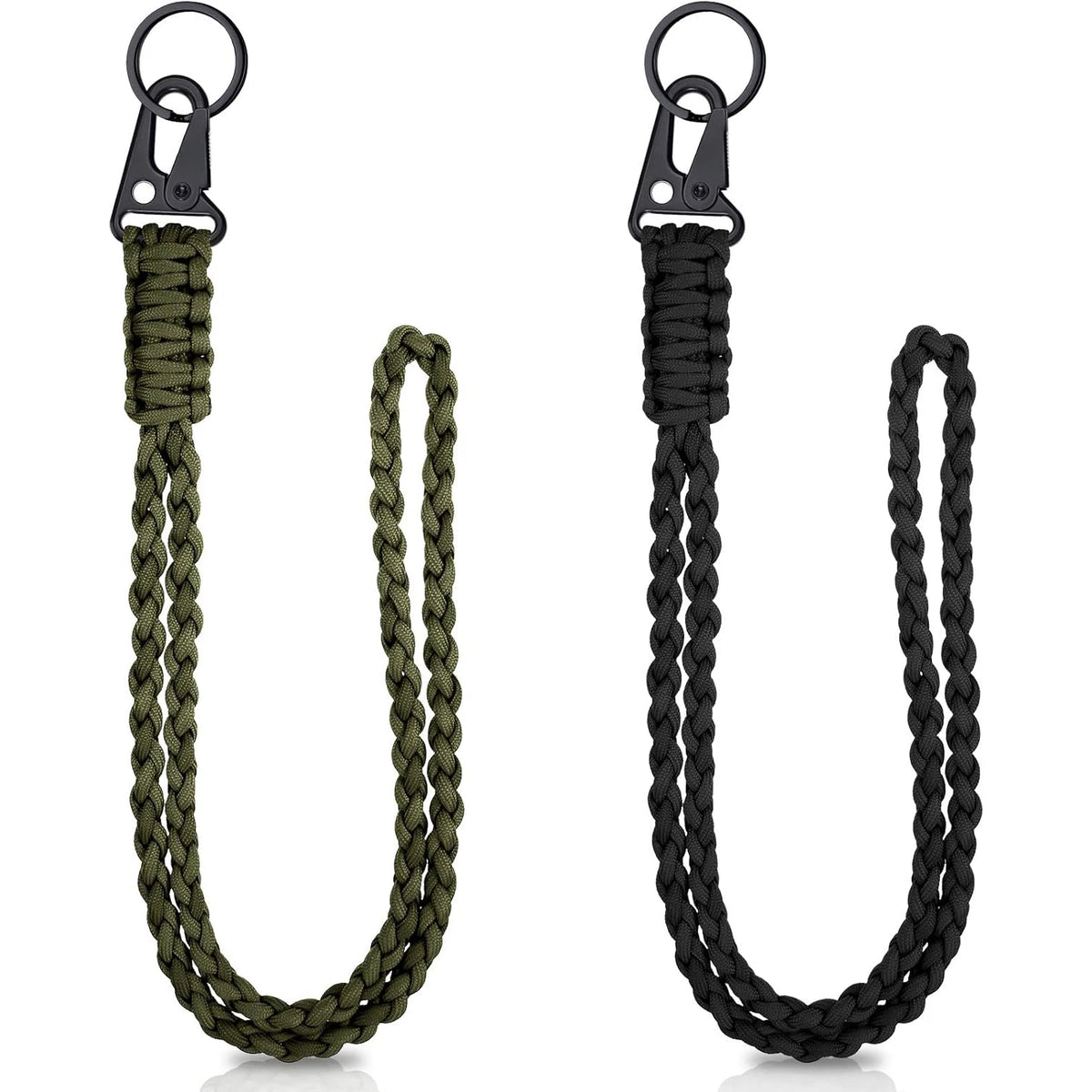 A pair of heavy-duty 550 paracord neck lanyards with metal clips and key rings in olive green and black.