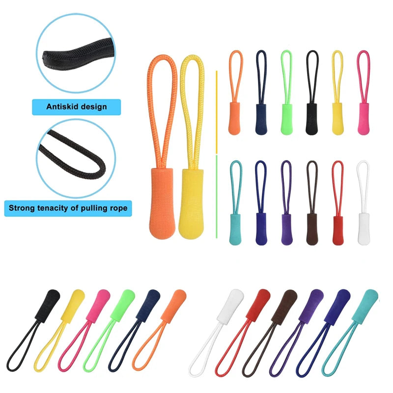 A collection of colorful plastic zipper pulls in various colors and styles, including a black elastic strap and a set of ten 
