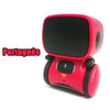 A red interactive voice-controlled robot toy with a black screen and speaker, labeled for Portuguese language support.