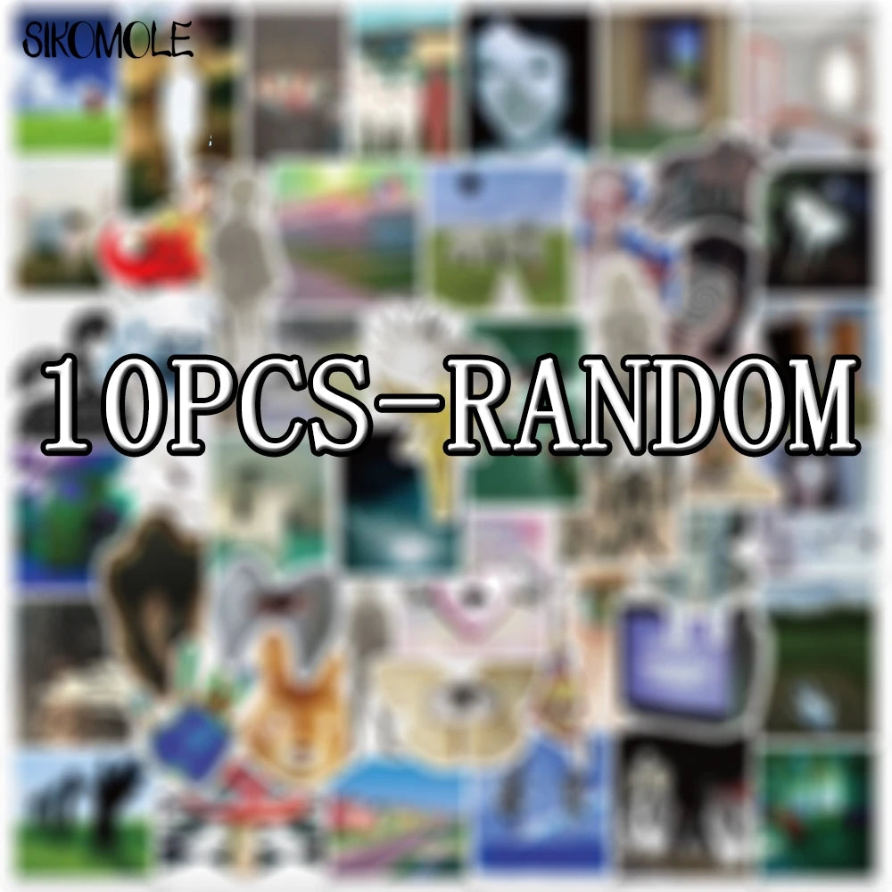 A collage of 10 random cartoon dream core art stickers for laptops, skateboards, and luggage.