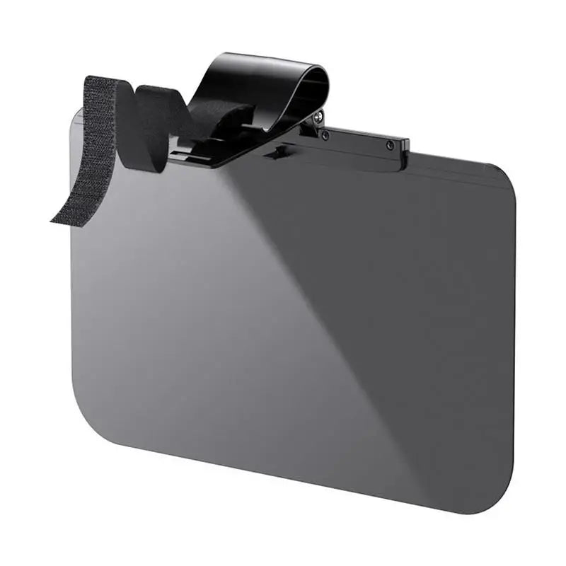 A black anti-glare car sun visor extender with a flexible strap attached.