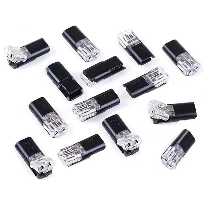 A collection of 25 black D2 Double-Line Interlocking LED connectors for no-solder quick connection.