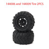 Two black tires, model numbers 144006 and 144009, stacked together.