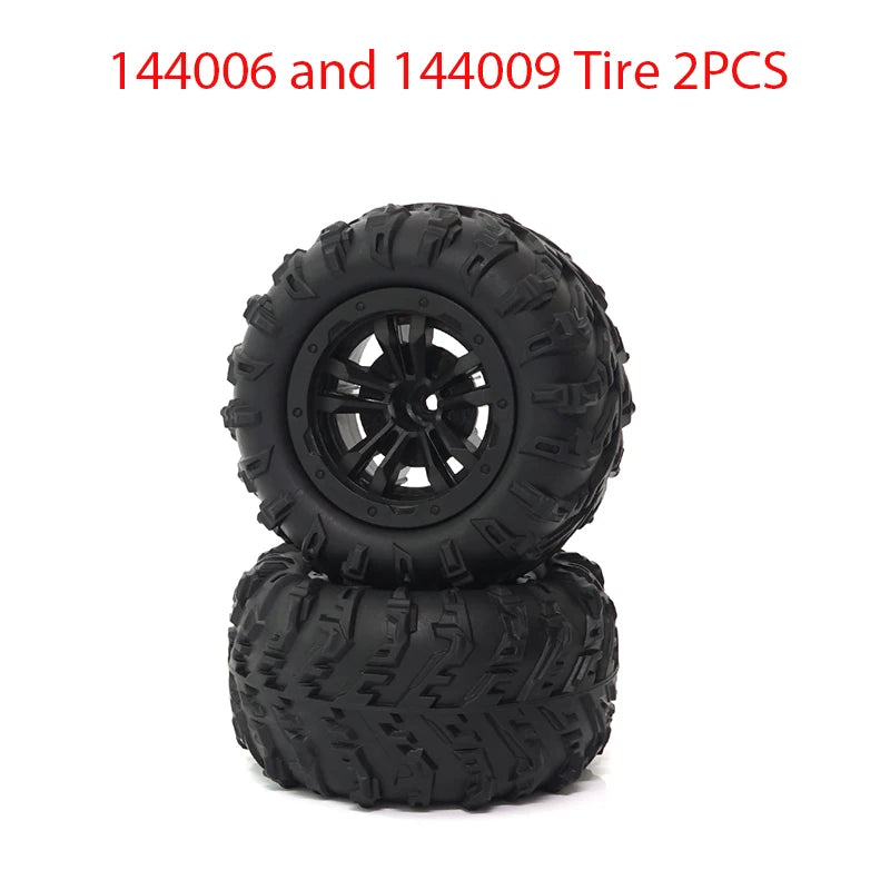 Two black tires, model numbers 144006 and 144009, stacked together.